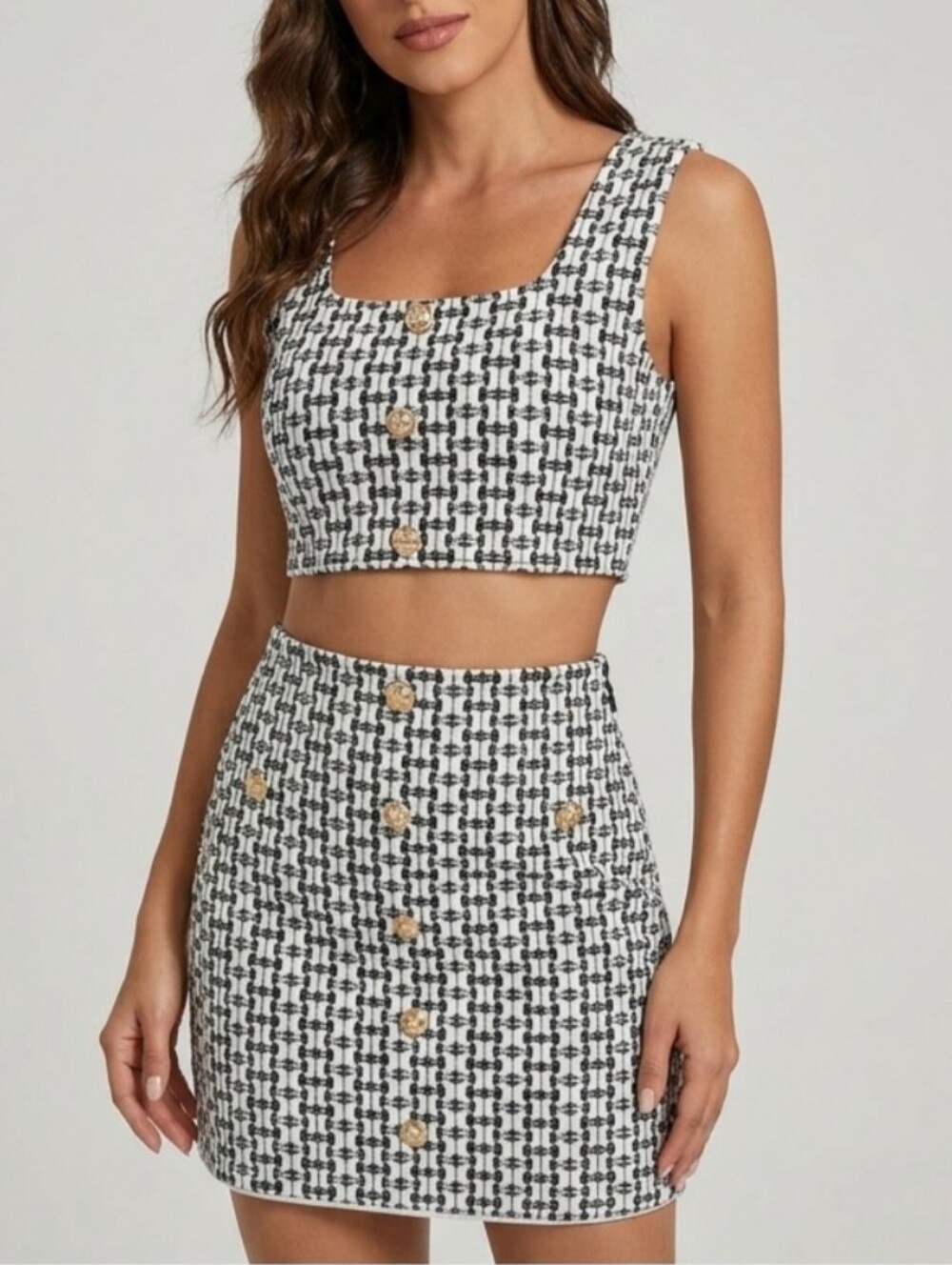 Jacquard Knit Monogram Elegant Two Pieces Set Skirt & Top
